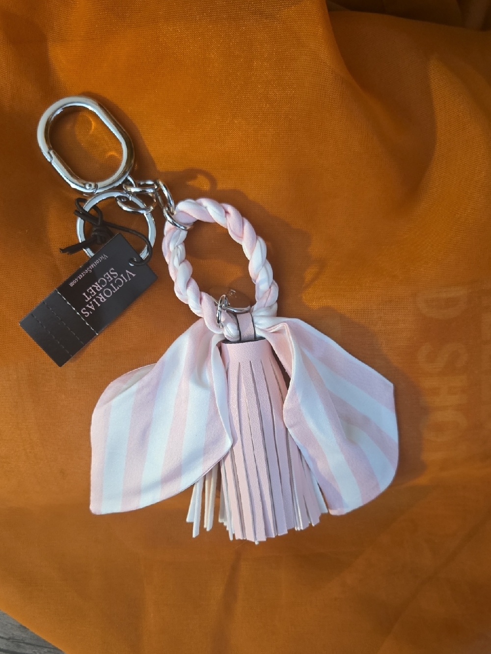 Victoria's Secret Pink and White Striped Tassel Charm Keyring